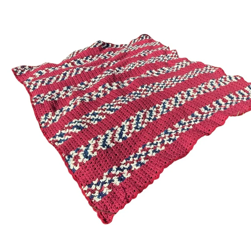 Vintage Handmade Crochet Afghan Blanket Red White Blue 56” Square Throw‎